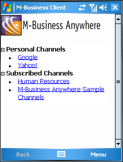 M-Business Client home page on Windows Mobile 5 or 6 device