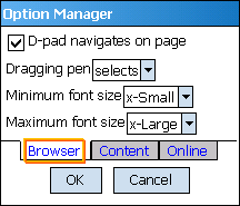 Option Manager dialog, Browser tab, on Windows Mobile 5 or 6 device