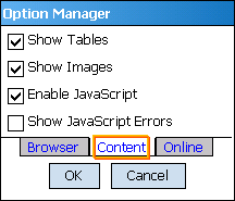 Option Manager dialog, Content tab, on Windows Mobile 5 or 6 device