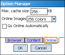 Option Manager dialog, Online tab, on Windows Mobile 5 or 6 device