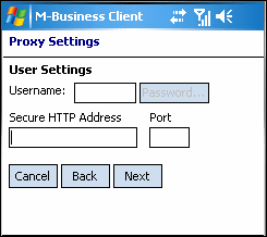 Proxy Settings dialog, User Settings part, on Windows Mobile 5 or 6 device