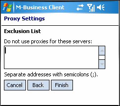 Proxy Settings dialog, Exclusion List part, on Windows Mobile 5 or 6 device