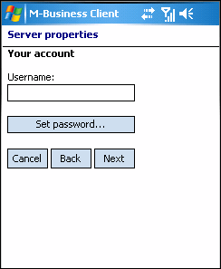 Server Properties dialog, Your Account part, on Windows Mobile 5 or 6 device