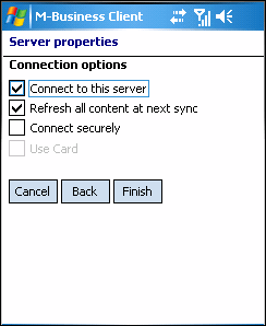 Server Properties dialog, Connection Options part, on Windows Mobile 5 or 6 device
