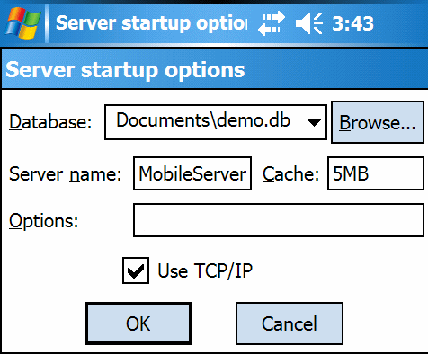 The Server Startup Options window.