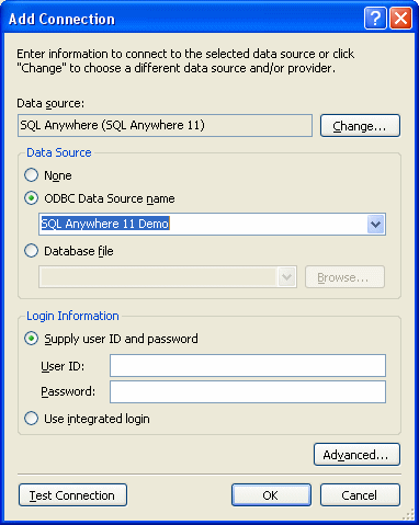 The Add Connection window with ODBC Data Source name selected.