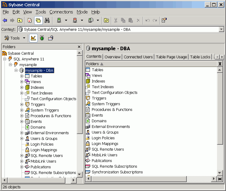 Sybase Central, connected to the mysample database.