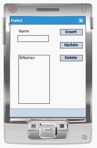 The Visual Studio form, showing the Insert, Update, and Delete buttons as well as a text box, list box, and label.