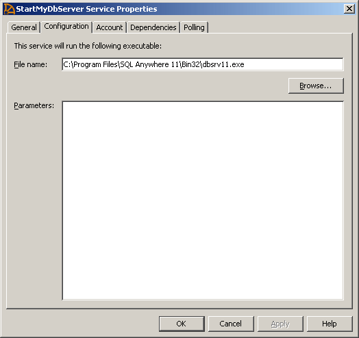 Configuration tab of the Service Properties window, showing the file name and parameters for the executable the service runs.