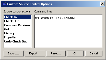 The Custom Source Control Options window showing defined commands in bold.