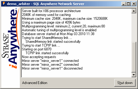The arbiter database server messages window showing that server1 is disconnected.
