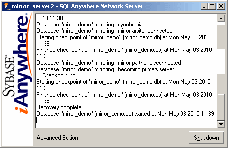 server2 database server messages window.