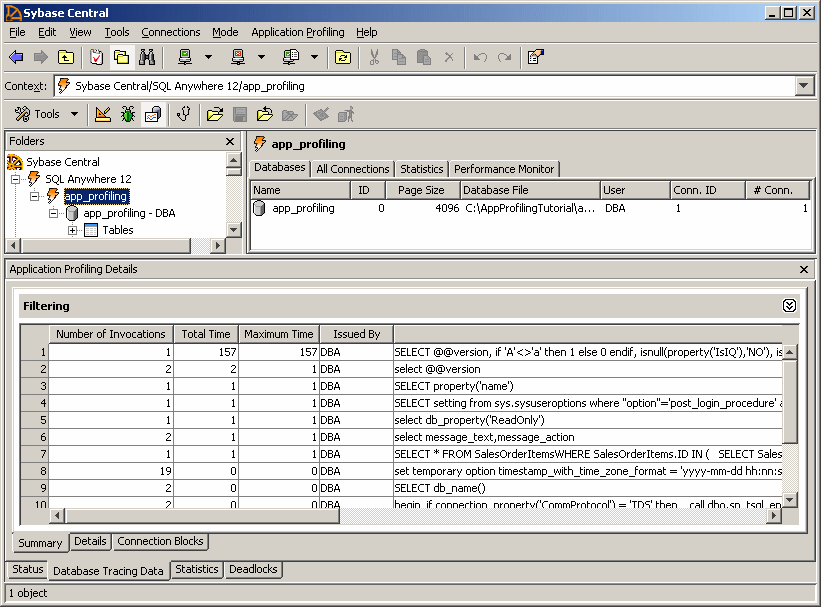 For each SQL statement executed during the tracing session, the number of invocations, total time, maximum time, user and statement text are shown.