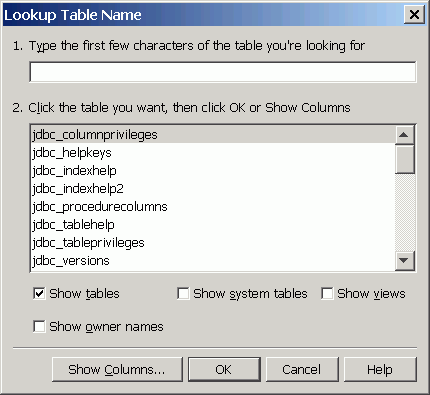 The Interactive SQL Lookup Table Name window.