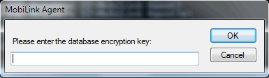 MobiLink Agent window to enter the database encryption key.