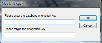 MobiLink Agent window to enter and verify the database encryption key.