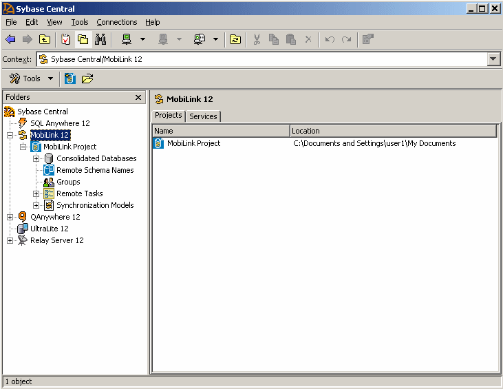 MobiLink plug-in for Sybase Central, showing that Model mode and Admin mode have been removed.