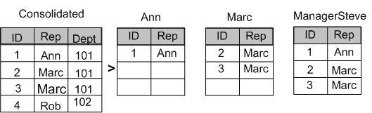 A publication, with a Rep column containing Marc and Ann. Each subscriber receives the rows marked with their own name.