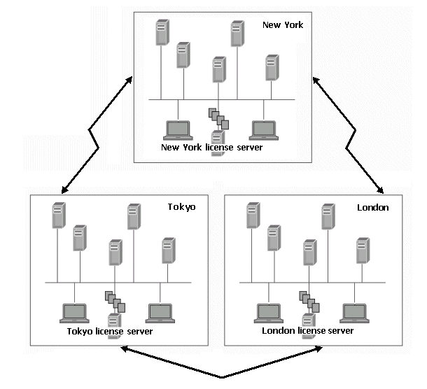 Multiple sites and license servers contain several servers for each license serving a specified area.For example, there may be five servers in the New York license and five in the Tokyo and London licenses.