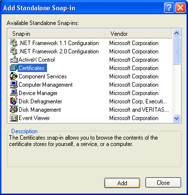 Picture shows the Add Stand Alone Snap In dialog box. Certificates is the item selected in the Available Stand Alone Snap Ins list box.