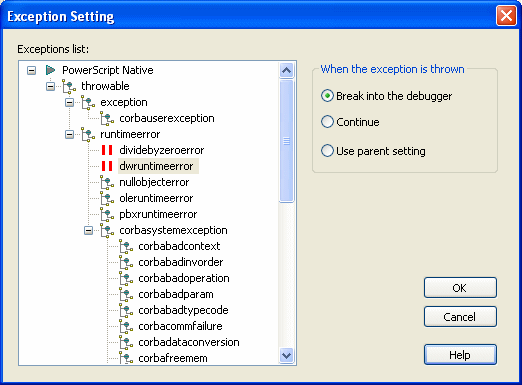 The Exception Setting dialog box shows an inheritance tree of system exceptions and allows you to select the action to take when a selected exception is thrown. In this picture, the action selected is to break into the debugger when a d w runtime error occurs.