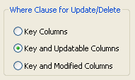 The sample display is titled Where Clause for Update / Delete. Three radio buttons offer the choices of Key Columns, Key and Updatable Columns, and Key and Modified Columns. In the sample, the button for Key and Updatable Columns is selected.