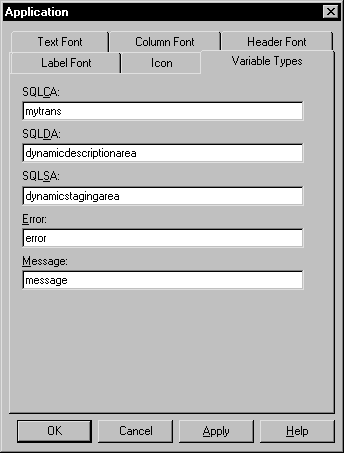 The Variable Types tab of the Application painter is shown