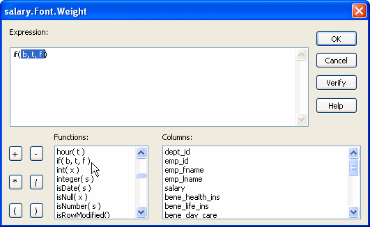 The sample is titled salary dot font dot weight. It displays an Expression that has been selected from the Functions box. It reads if ( b, t, f ). B represents boolean, true represents true, and f represents false.