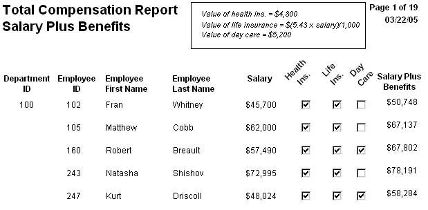 The sample is a preview screen for emp _ total _ compensation. It includes three columns of check boxes titled Health Ins., Life Ins., and Day Care. The three titles are each rotated 45 degrees to the left.