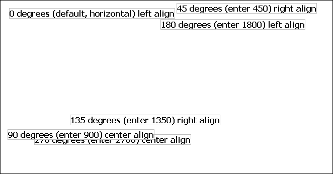 The sample shows the Design view with a number of text controls. One is 180 degrees ( enter 1800 ).