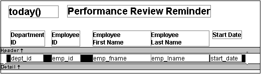 The sample shows what the Design view looks like when properties of a rectangle control placed behind a row of data are changed to highlight an employee whose month of hire is the current month or the coming month. The rectangle behind the data is black.