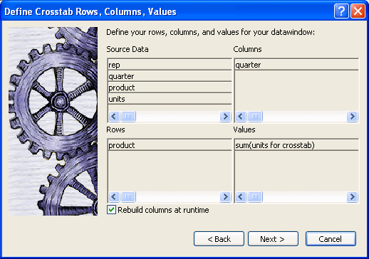 Shown is the Define Cross tab Rows, Columns, and Values dialog box.