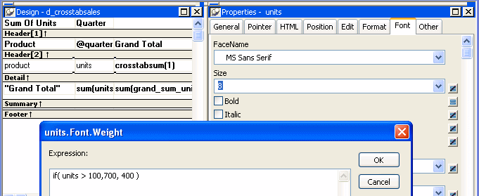 Shown is the Design View, the Properties View, and the Units dot Fonts dot Weight dialog box.