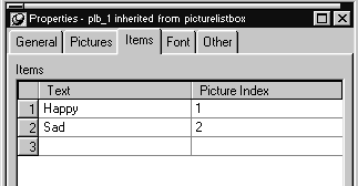 Shown is the Items tab of the Properties view for a Picture List Box control