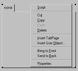 The sample shows the Tab Control and the pop up menu. The menu options are Script, Cut, Copy, Paste, Delete, Insert Tab Page, Insert User Object, Bring to Front, Send to Back, and Properties.