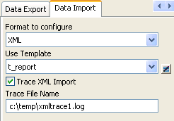 The sample displays the Data Import page in the Properties view.  XML is selected as the format to configure, and the t _ report b template is shown as selected from the Use Template drop down list. The check box Trace XML Import is checked. The Trace File Name is displayed as c: backslash temp backslash xml trace dot log.