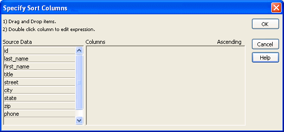 The Specify Sort Columns dialog box is shown.