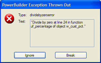 The figure shows the PowerBuilder Exception Thrown Out dialog box
