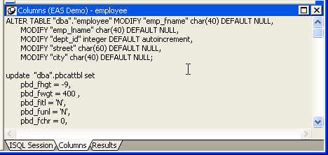 The sample is titled Columns ( E A S Demo D B V 4 ) - employee. The first line displayed is ALTER TABLE " d b a " " EMPLOYEE " add :"citizen" char ( 1 ) DEFAULT NULL:. The is followed by update " d b a " dot p b c a t t b l set and a long list of pending changes. 