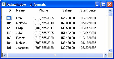 The sample Data Window shows phone numbers formatted, for example, as ( 6 1 7 ) 5 5 5 - 3 9 8 5. It shows salaries formatted, for example, as $ 4 5 , 7 0 0 point 0 0. It shows start dates formatted, for example, as 0 2 / 2 6 / 1 9 8 6.  