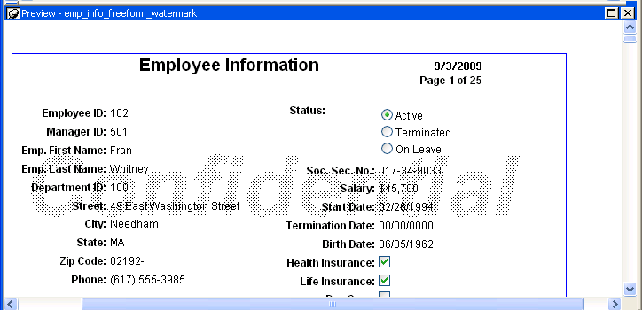 The sample of a Freeform presentation style shows a data entry form for Employee Information.