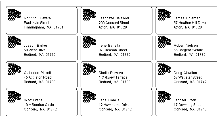 This sample of the Label presentation style shows names and addresses formatted on three lines as mailing labels with a decorative image to the left.
