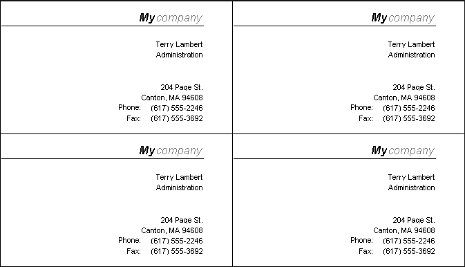 The sample of the Label style shows data arranged as business cards, with all information right aligned.