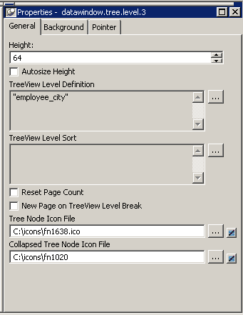 The TreeView level properties view lets you specify icons for the level.