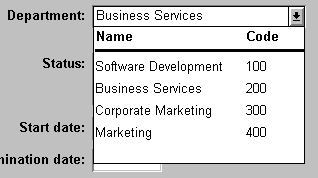 The sample shows a field labeled Department : with the value Business Services displayed and a down arrow to the right. Below it is a drop down Data Window displaying columns for Name and Code and four rows of data.