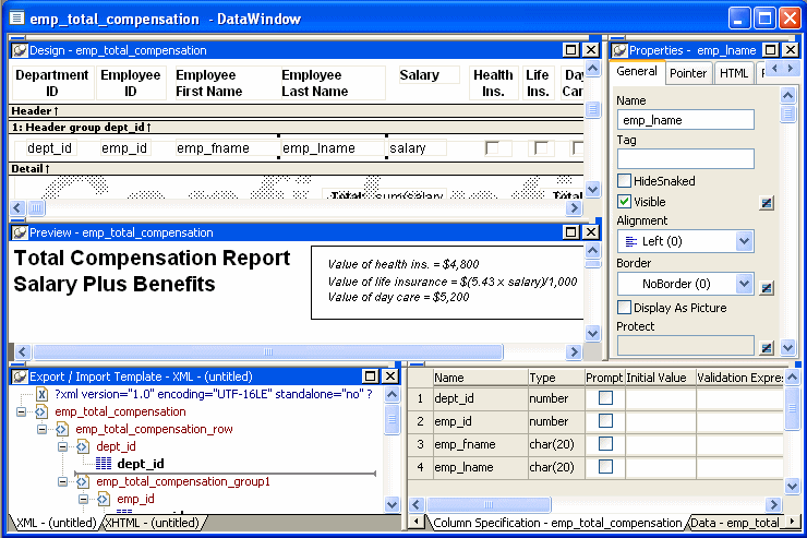 The sample shows a Data Window object in the Data Window painter with the default layout. The Design view at top left shows a grid of dots representing the DataWindow object and indicates the placement of its controls, including the sample’s title, Total Compensation Report Salary Plus Benefits. The Preview view at middle left shows the Data Window object as it will appear at execution time, without the grid. The Export Templte view at bottom left shows the default template for importing and exporting data. The Properties view at top right shows tabs labeled General, Pointer, and Pirnt Specification, and is open at the General tab. At bottom right, the Data view tab displays the data that can be used to populate the DataWindow object.