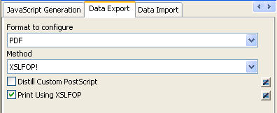 The sample is titled Properties - Data Window and shows the Data Export tab. PDF is shown selected in the Format to Configure drop down list and XSLF O P ! is shown selected from ithe Method drop down list. A check box for Distill Custom Post Script is cleared, and a check box for Print Using XSLF O P ! is checked.