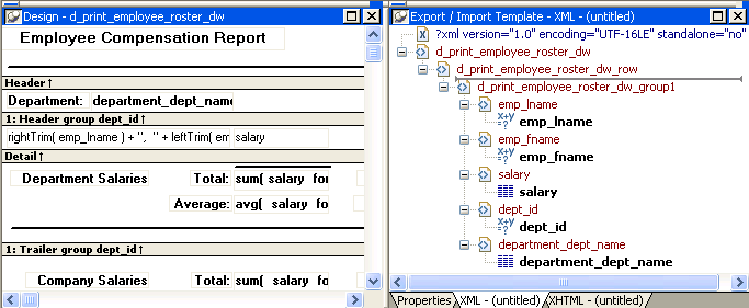 The sample shows a default template for a Data Window in the Export slash Import Template view. The template is represented as a tree. At the top level is the Data Window object d _ sales _ rep _ customer _ orders, shown with the tag icon that identifies a root or child element. Indented under this is d _ sales _ rep _ customer _ orders _ row shown also with the tag icon. Indented under this, and shown with tag icons, are id, order _ date, fin _ code _ id, and region. Under each of them, with the icon for a Data Window column reference, are id, order _ date, fin _ code _id, and region.