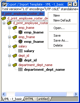 The example shows the pop up menu for the Export slash  Import Template view with the menu items New, New Default, Open, Save, Save As dot dot dot, and Delete.