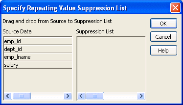 Shown is the Specify Repeating Value Suppression List dialog box.